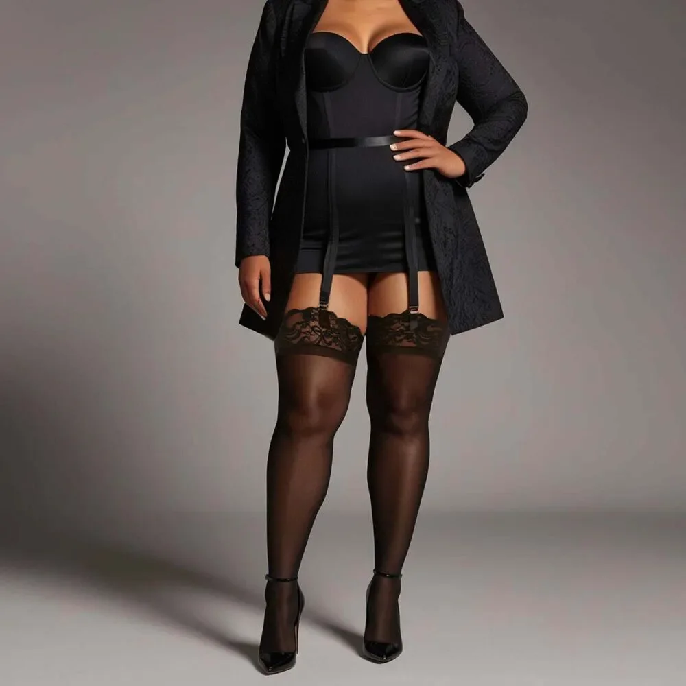 Plus Semi-Opaque Matte Stockings Womens Queen Black with Wide Lace Top